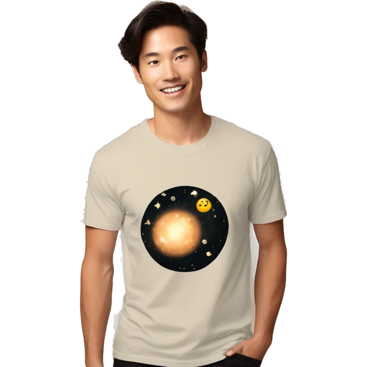 Person wearing vintage sepia T shirt with nebulas galaxies and constellations star map celestial illustration t shirt emoji