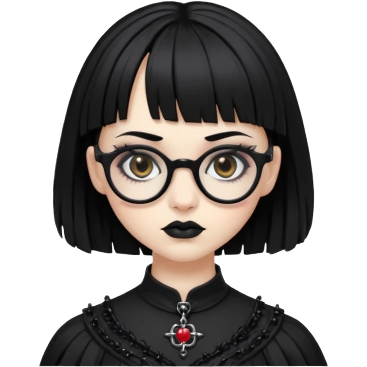 Faça uma moça de cabelo preto micro franja e penteado gótico pálida e com maquiagem gótica pesada olhos castanhos escuro e óculos  emoji