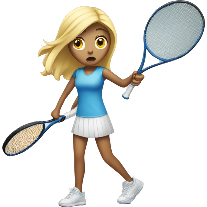 blond tall girl scared with tennis racket at hand defending herself emoji