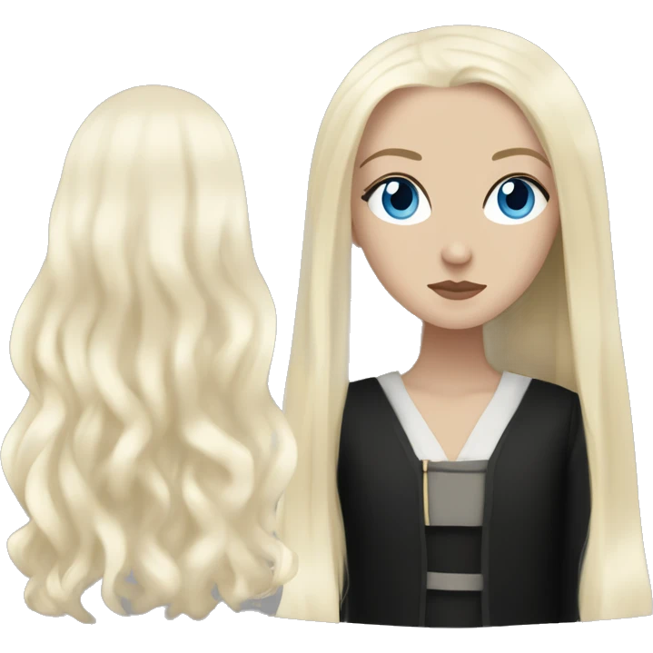 a young goth girl with blue eyes, long black hair with a blond underneath layer like narcissa malfoy emoji