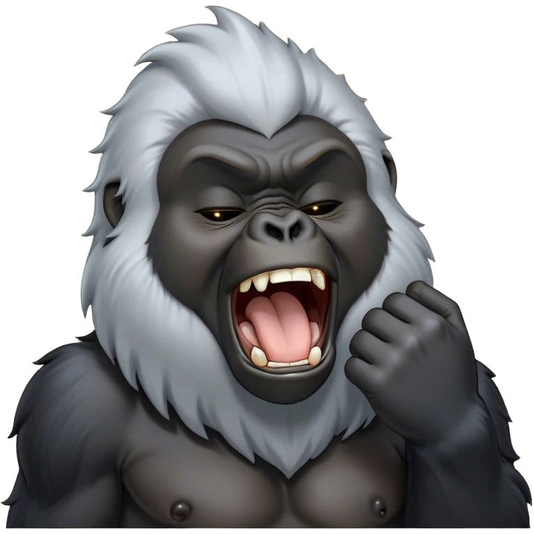 Cinematic Cute Yawning mountain Gorilla Portrait Emoji, Head tilted slightly with a dramatic, wide-open yawn, showcasing a formidable build with a silvery mane and drowsy, half-closed eyes, Simplified yet irresistibly adorable features, highly detailed, glowing with a soft, cozy jungle glow, high shine, relaxed yet expressive, stylized with a dash of whimsical primate charm, soft glowing outline, capturing the essence of a drowsy yet affectionate guardian that appears ready to stretch out for a nap! emoji