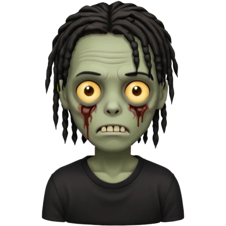 zombie boy with short black dreads that covers their eyes Their hair is dark brown, styled in shoulder-length dreadlocks that appear somewhat loose and slightly unkempt. The hair frames their face.wearing a black shirt  emoji