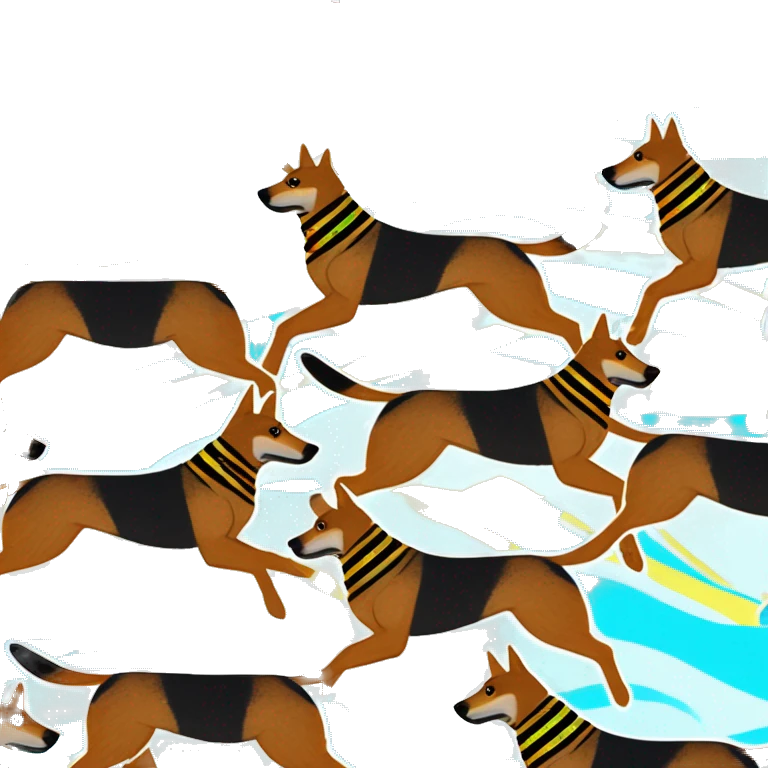  brindle brown black maroon striped lurcher Alsatian fox running blue eyes and iridescent holographic oilslick harness wearing paper iridescent tropical flower crown yellow caution tape emoji