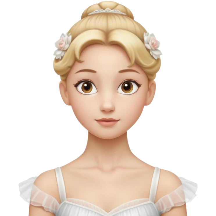 Cinematic Realistic Ballerina Portrait, depicted with lifelike skin texture, subtle rosy undertones, and soft natural lighting that enhances the gentle contours of her face. Her intricately detailed golden blonde hair is elegantly styled in an updo, emoji