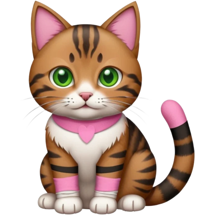 a  brown and black tabby cat, with a pink bandage on her front paw, realistic emoji