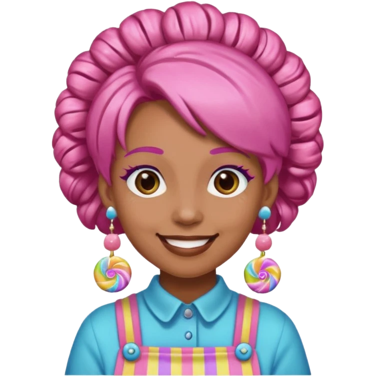 candy shop vendor, looking like candy with candy earrings and candy hair emoji