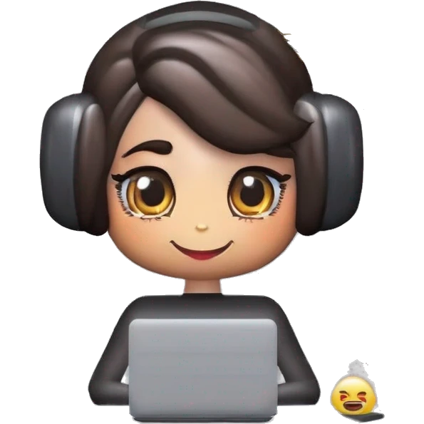 Chica, morena, con cabello ondulado y al frente una computadora gris emoji