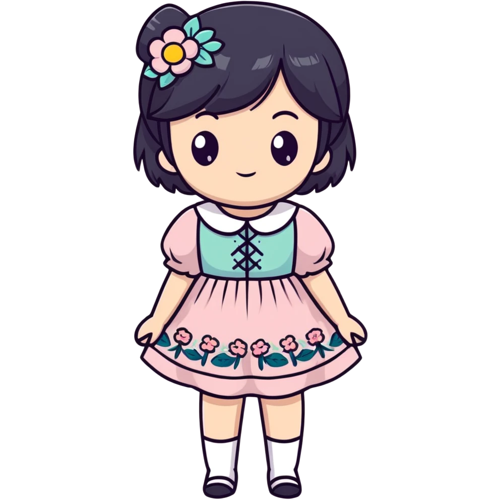 Adorable anime girl with black hair in a beautiful cottagecore dress with pastel colors and floral elements emoji