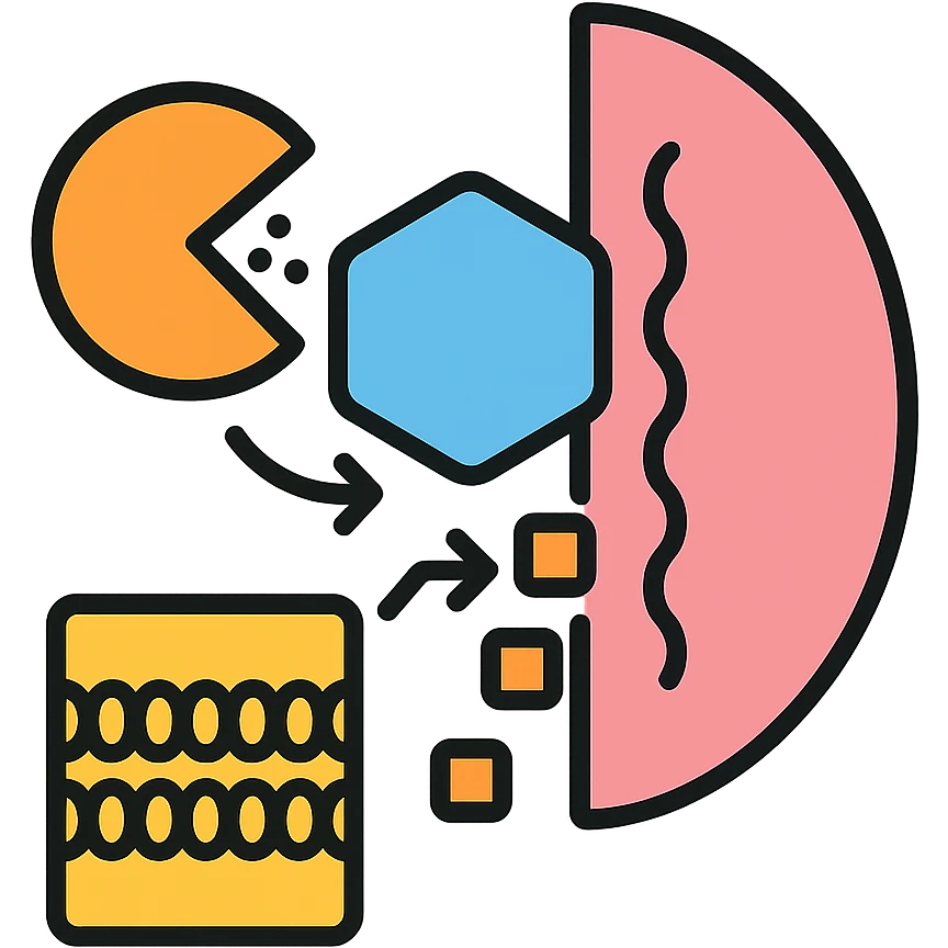 Ultra-detailed illustration of enzyme digestion: amylase breaking starch into sugars near a cell membrane. Clean white background, no text. Scientific but simple emoji