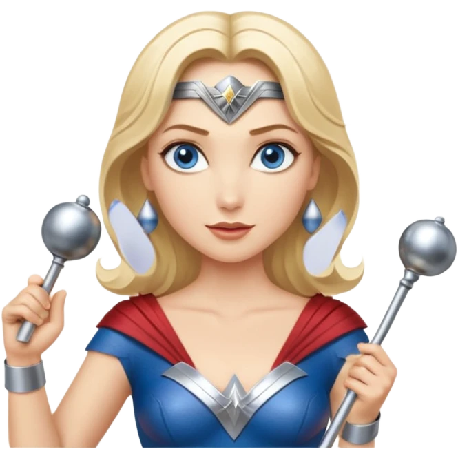 Blonde blue eyes Wonder Woman holding bell and short white orchestra conductor’s baton  emoji