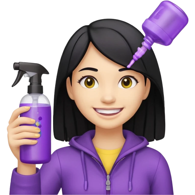 a smiling girl with black hair, yellow teeth, holding a fully purple spray bottle with the lid on, Genmoji emoji style emoji