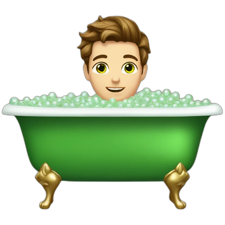 Posh-muscle-boy-brown-hair-green-eyes-pearl-necklace-in-golden-bathtub-legs emoji