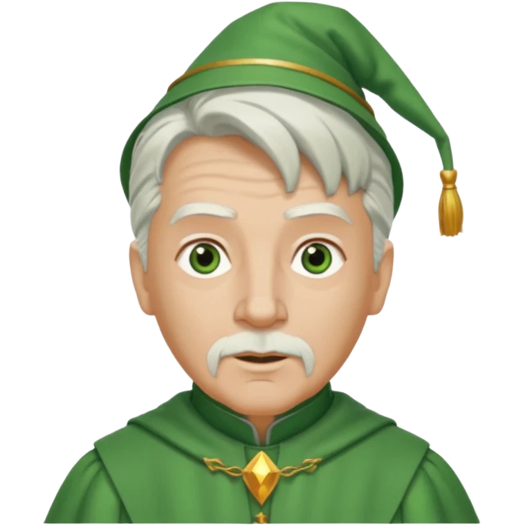 The Wizard from The Wizard of Oz with light skin, brown eyes, white hair, green outfit emoji