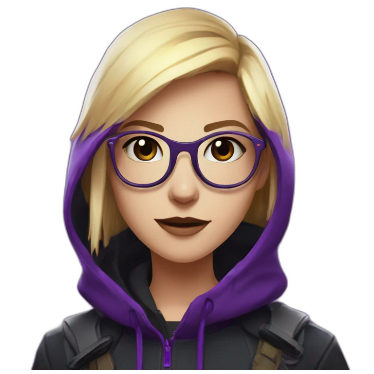 Girl blond developer  with round glasses left side behind his laptop with this style: valorant riot Game purple character purple black hooded hacker themed character emoji