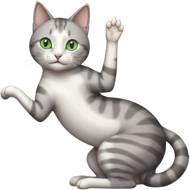 grey and white cat with green eyes doing a big extremely long stretch reaching up into the air with arms and legs side by side together straight and overextended whilst lying on its side emoji