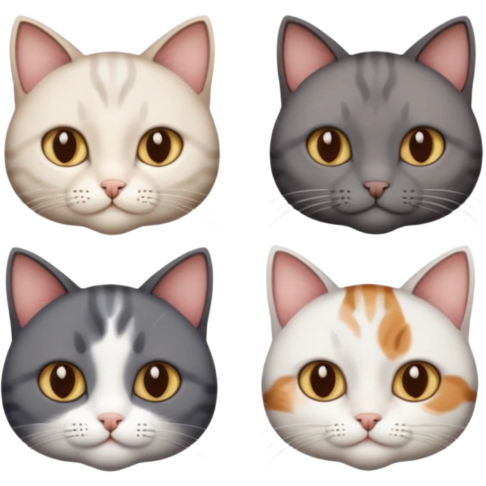 4 different coloured short haired cats including; a dark brown and white cat, and a dark grey and white  emoji