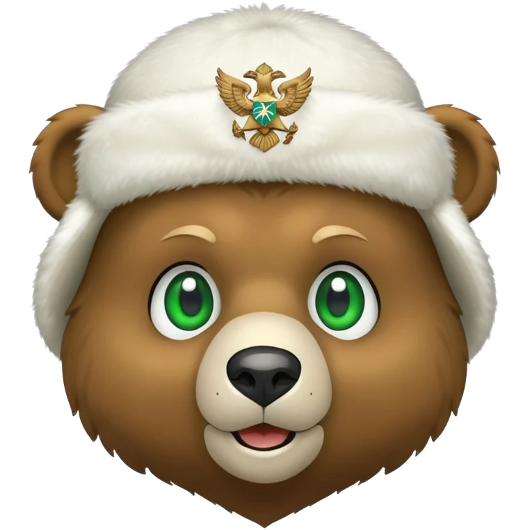 Simple cartoon bear face with green eyes and small smile, white furry ushanka hat with minimal Russian Federation eagle emblem, iOS emoji style emoji