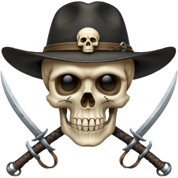 A skull and crossswords wearing a black wide brimmed traveler's hat. emoji