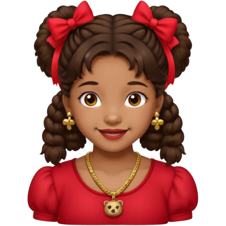 Brownskin girl dark brown hair fluffy. pigtails with red bows brown eyes smiling closed mouth red shirt gold esrrings gold necklace emoji