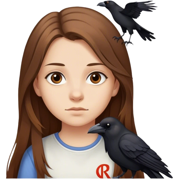 Young Girl named Clara with long brown hair wearing a shirt with the letters CL, followed by a Crow, followed by the letters RA printed on it  emoji