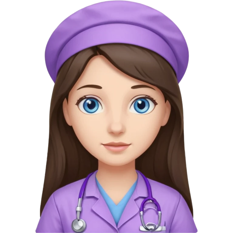 pretty brunette nurse with long hair and blue eyes in lilac scrubs emoji