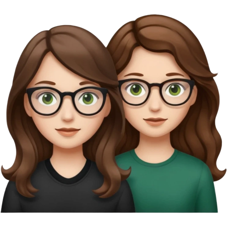 uma menina branca com óculos, cabelo longo castanho claro e olhos verdes e outra menina branca com cabelos ondulados castanhos escuros e olhos marrons emoji