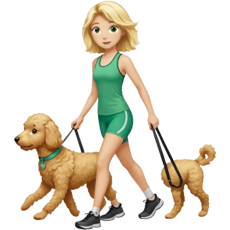 Girl with shoulder length, blonde hair, green eyes, in  fitness clothes, walking a golden doodle emoji