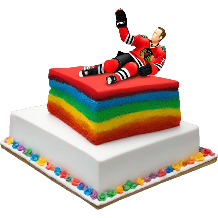 Jonathan Toews laying on a rainbow cake emoji