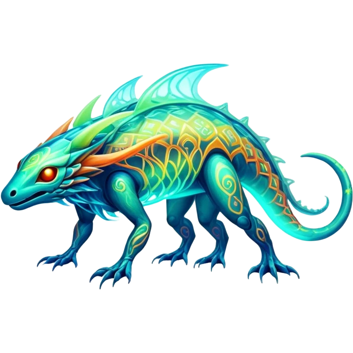 Exotic futuristic bioluminescent translucent transparent lush warm-colored neon-glowing iridescent Fakémon-Fionbri-Vernid-creature emoji