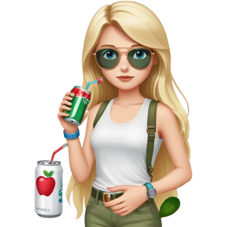 girl with long blond hair
with blue eyes
and aviator sunglasses
wearing white tank top 
holding one soda can without straw
wearing (rose gold apple watch with forest green band) emoji