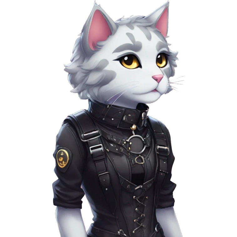 Gorgeous sparkly legendary shiny gradient gothic dark techwear anime style anthro cat with blushing face aesthetic and pretty edgy black with collar and harness trending style emoji