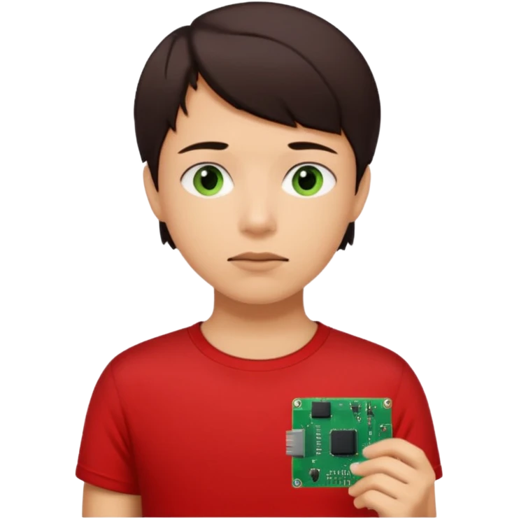 A young person wearing a red T-shirt indoors, short dark hair, holding a small green electronic circuit board near the mouth in a thoughtful pose. Warm natural lighting, window with blinds in the background, casual tech-inspired vibe. emoji