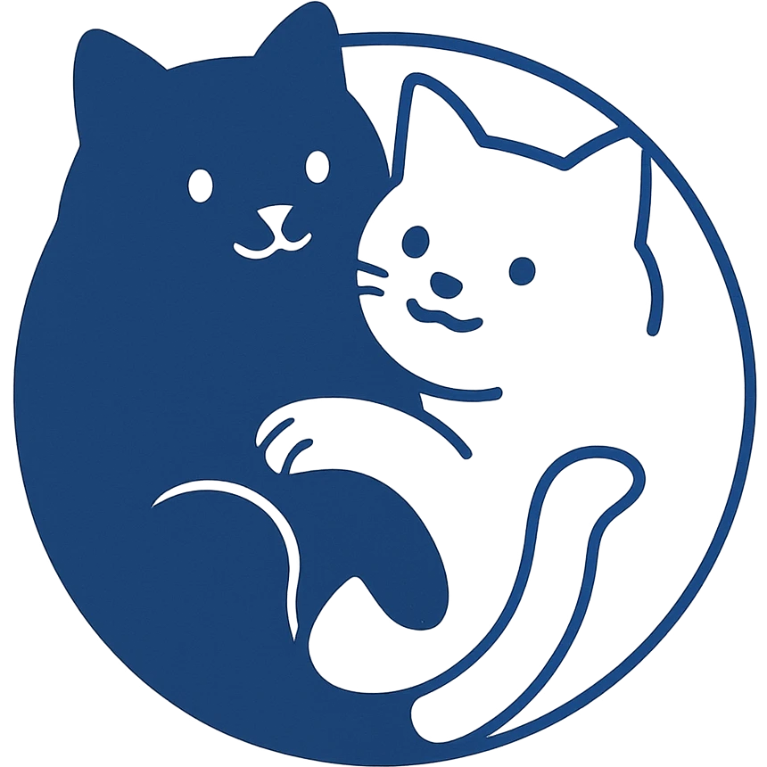 two cats, one black and one white, forming a yin-yang symbol, tails and bodies intertwined, simple style, clean lines, minimal background emoji