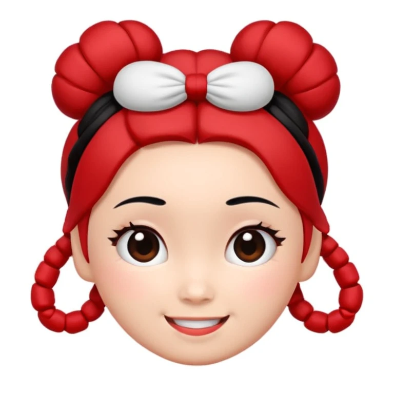 Pucca's cartoon face as an apple-style emoji, minimal details, black hair buns, red hair ties, smiling, no body, no text emoji
