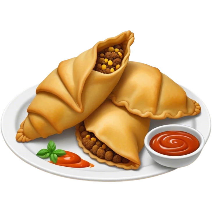 Cinematic Realistic Colombian Cornmeal Empanadas Emoji, showcasing the golden, crispy shell filled with savory meats and spices, served with a side of aji dipping sauce, rendered with vibrant textures and warm, inviting lighting. emoji
