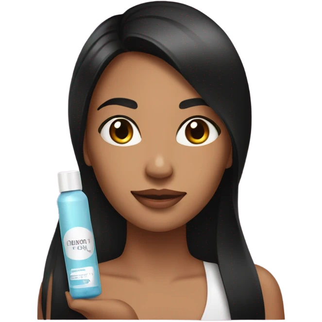 a woman with long straight black hair, with skin care products in her hand emoji