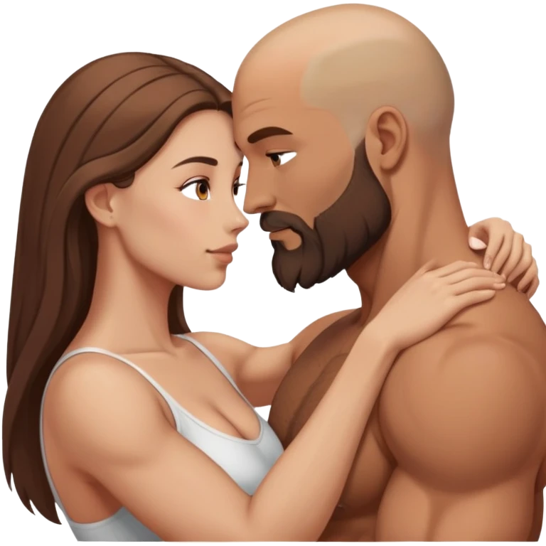 intimate moment between lovers muscular bald man brown beard, beautiful long hair woman emoji