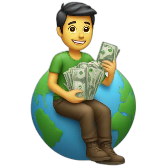 man sitting on globe with money bag emoji