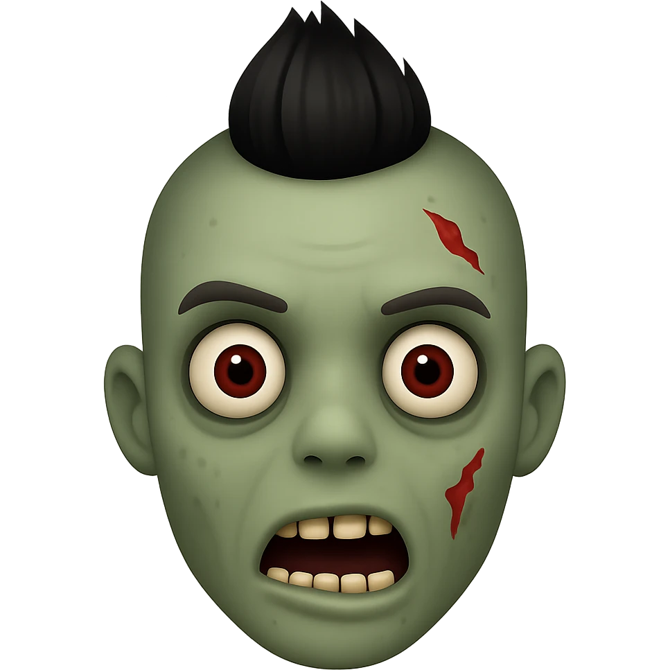 Create a zombie emoji with black hair styled in a mohawk, in the style of Apple emojis. The emoji should have the typical zombie features with greenish skin and a spooky expression, combined with the distinct Apple emoji look and feel. emoji