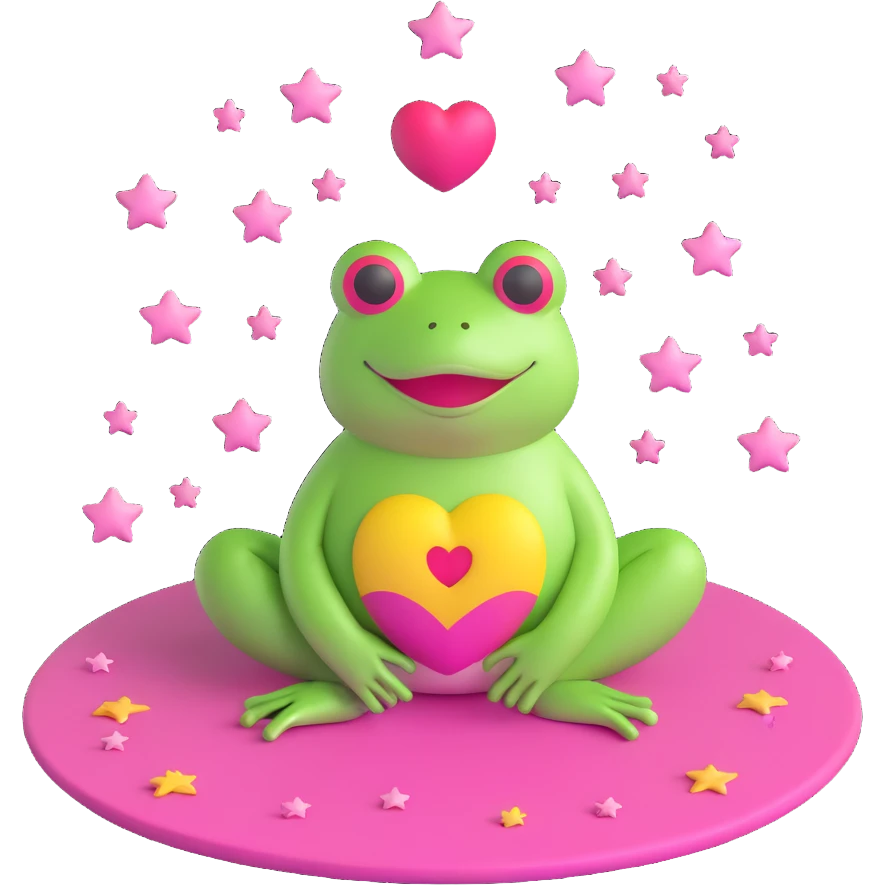 A 3D emoji of a frog meditating on a pink mat, with a heart above its head and stars surrounding it, in the style of iOS 18 emojis. emoji