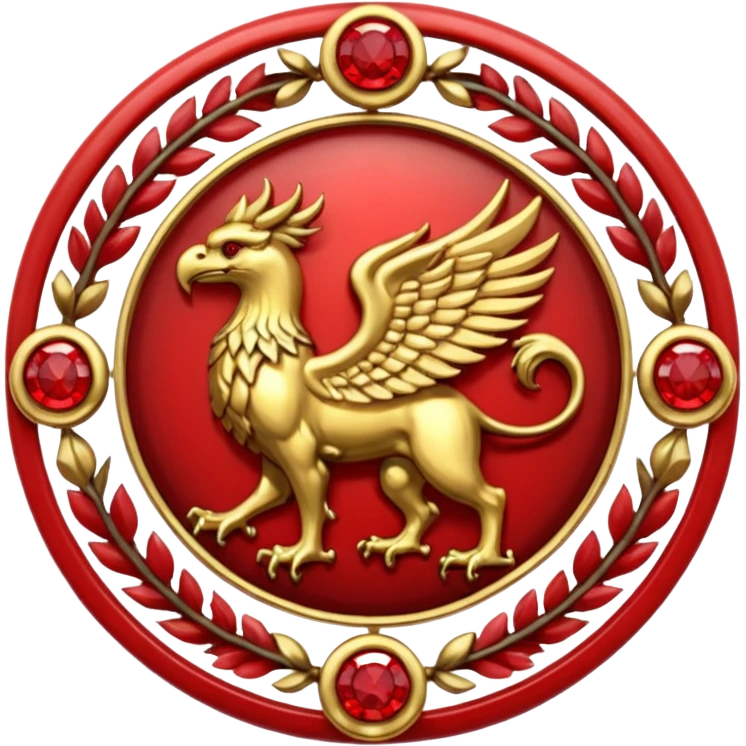 Golden griffin crest / brosch in a circle with red gems and no background emoji
