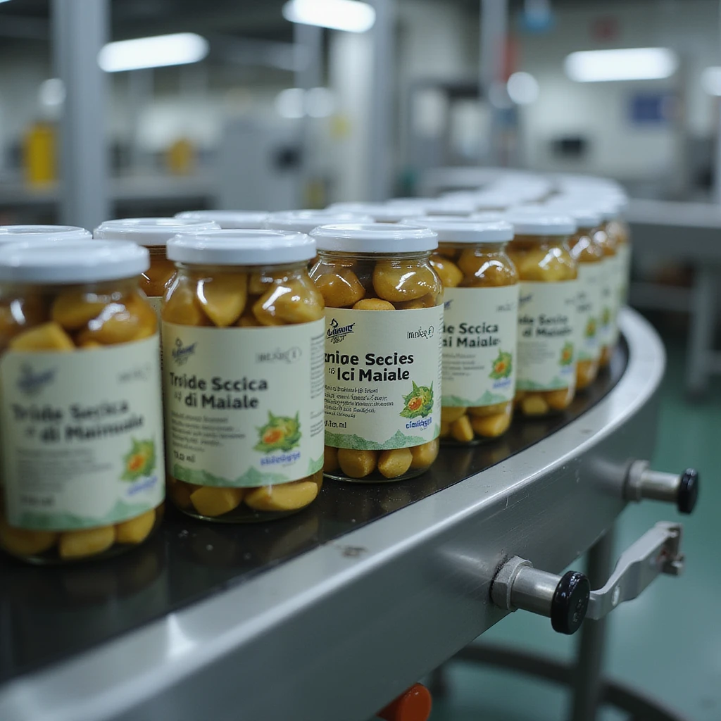 jars of 'Tiroide Secca di Maiale' supplement on conveyor belt, labels clearly visible, clean industrial environment, hyperrealistic 4K emoji