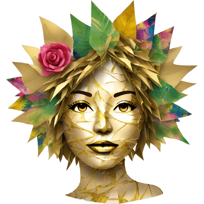  Hemp 420 lady face melting gold drizzle kintsugi multicoloured funky palm leaves tropical made of 420 origami newspaper roses hemp leaves bokeh and paper and hemp leaves in hair emoji