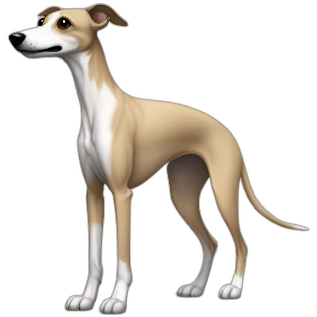 a beige whippet full body side profile with his left foot raised up up and a leash going out of frame, with a dark snout, black and white mouth patchy and black angel wing like eyes emoji
