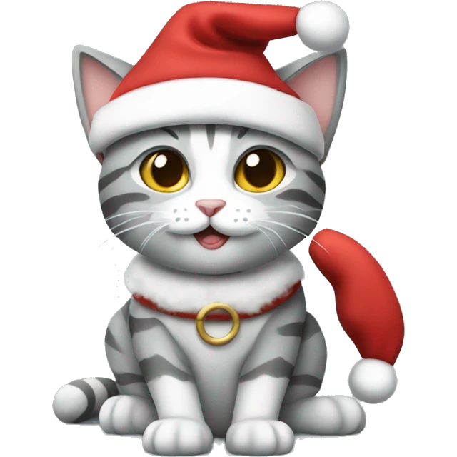 Grey and white tabby cat wearing a Santa outfit emoji