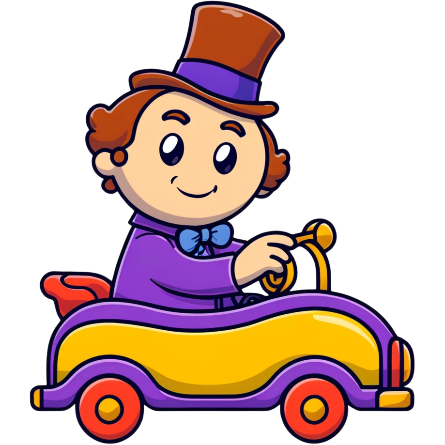Willy Wonka driving a whimsical vehicle emoji