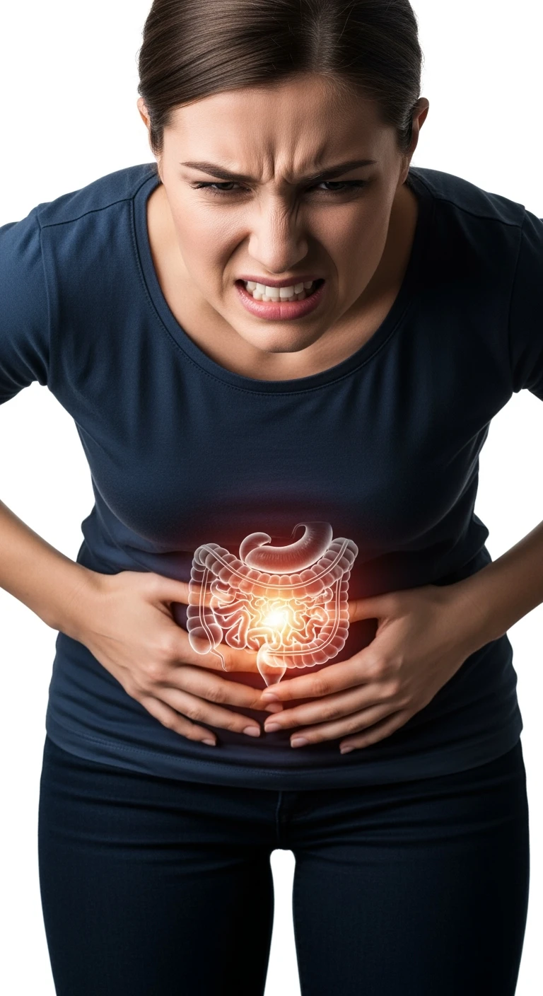 donna piegata in avanti frontalmente con mal di pancia, espressione di dolore in volto in primo piano e intestino anatomico in evidenza, iperrealistico 4k, sfondo bianco emoji