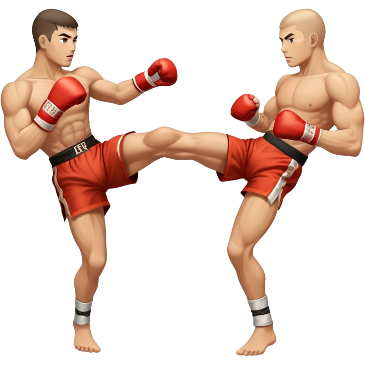 An icon showcasing a kickboxer in action, using precise techniques with both feet and elbows. One fighter delivers a powerful kick to the opponent's legs, while the other counters with an elbow strike. The background features a ring and a dynamic atmosphere. Transparent background  emoji