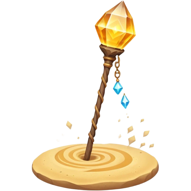 desert sand mage staff object icon, ancient wooden staff, swirling sand crystal on top, glowing golden aura, small floating sand particles, fantasy desert style, 3D cartoon, mobile game icon style, centered, clean background, soft shadow, no text, no watermark
 emoji