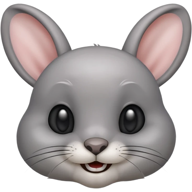 Head of a grey rabbit in Apple emoji style, round face, soft grey fur, big black eyes, perky ears, gently showing two front teeth in a subtle smile, front-facing, clean and glossy look
 emoji